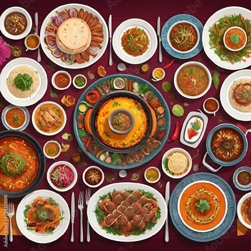 an overhead shot of a table with different foods on it