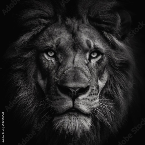 AI generated illustration of a lion with striking blue eyes on a dark background