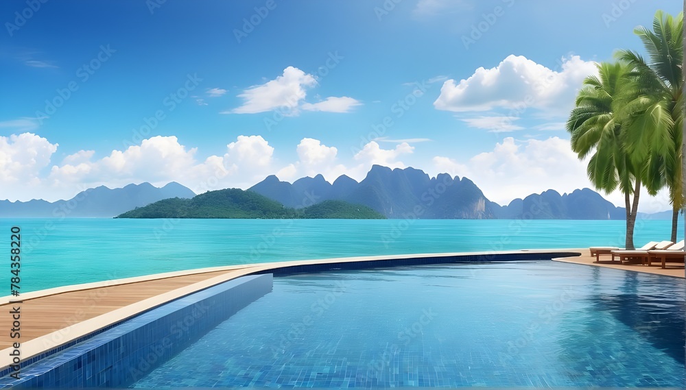 Swimming pool overlooking view andaman sea mountains and blue sky background,summer holiday background concept.