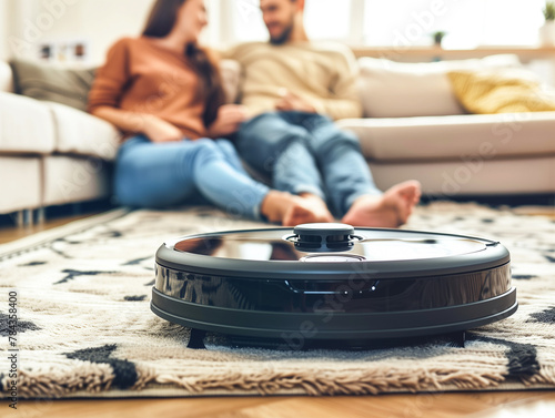 A relaxed young couple sits in the living room while a robotic vacuum cleaner operates in a cozy living room.