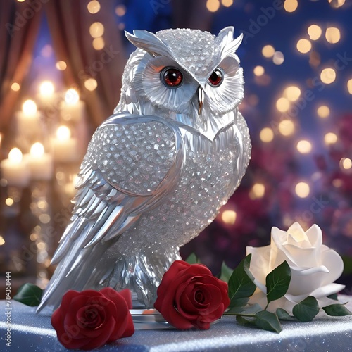 AI generated illustration of an Owl statue with red eyes displayed beside roses photo