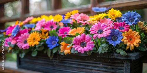 Flowerbox with colorful spring flowers on the terrace railing