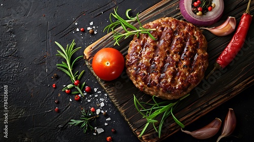 cooked hamburger meat on a dark background, top view