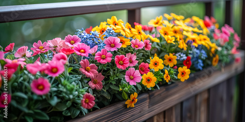 Flowerbox with colorful spring flowers on the terrace railing