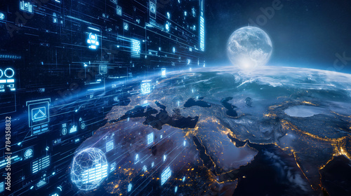 Futuristic blue hologram display screen technology in earth orbit in the space. Global information and connection concept, communication system interface, internet visualization dashboard