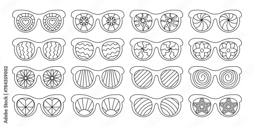 Set groovy sunglasses in a fashionable retro style of the 70s. Fashionable Y2k hippie glasses in monochrome linear retro style. Set groovy sunglasses in a fashionable retro style of the 70s. Fashionable Y2k hippie glasses in monochrome linear retro style.