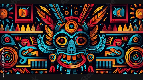 Aztec ethnic motif. Native american geometric pattern, colored mexican tribal art elements design. Colorful ancient culture symbols or ornament photo
