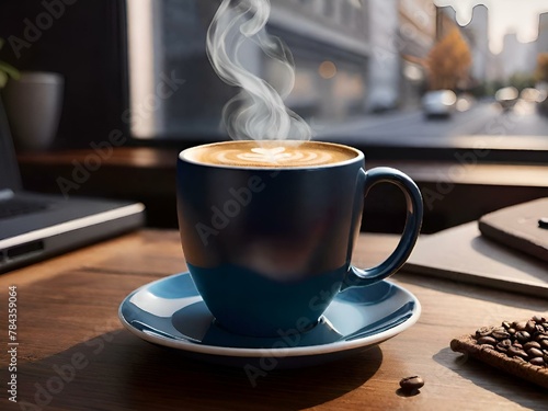 AI generated illustration of A comforting cup of steaming coffee at an urban coffee shop