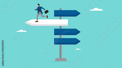 business decisions take the future path, actions to achieve business growth or career success, businessman standing in the direction of the crossroads chose the direction concept vector illustration