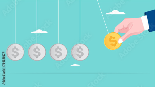 business capital or investment to get more returns or income, businessman hand pulls dollar coins as a pendulum to get a greater return or income concept vector illustration photo
