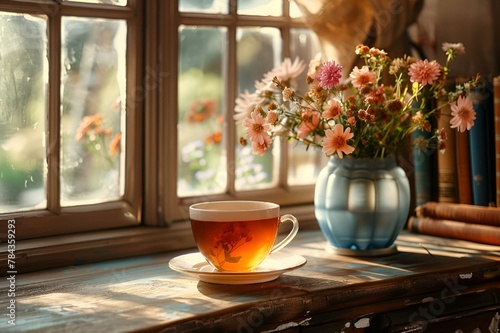 cup of tea and vase of flowers on window sill
