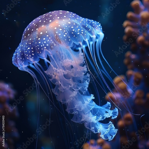 AI-generated illustration of a glowing jellyfish in a blue ocean setting