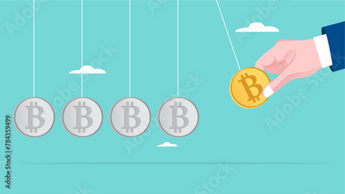 Invest in Bitcoin cryptocurrency to get more returns or income, businessman hand pulls Bitcoin cryptocurrency coins as a pendulum to get a greater return or income concept vector illustration