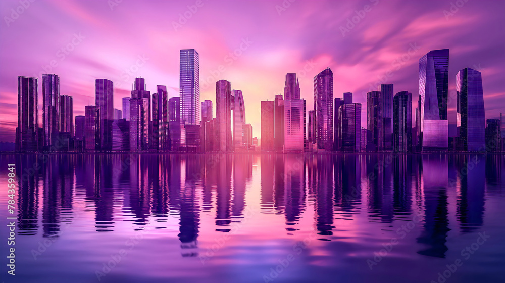 Tall city skyscraper buildings architecture during the sunset, urban downtown skyline cityscape with pink sky, river water reflection. Panorama landscape of towers, evening twilight dusk horizon view