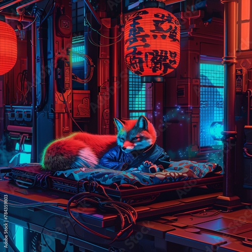 AI generated illustration of a cat lounges on a bed in a neon-lit room