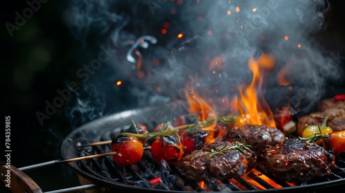 open flaming charcoal grill with various food items cooking on it, showcasing a summer grilling barbecue session with copy space