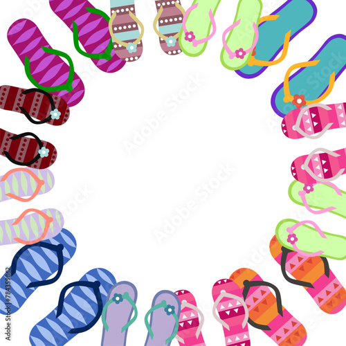 Doodle hand drawn flip flop slippers frame. The concept of beach holidays, vacations, beach parties.