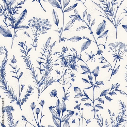 Seamless floral pattern in vintage style. Leaves and herbs in blue. Botanical illustration. Vector design elements.