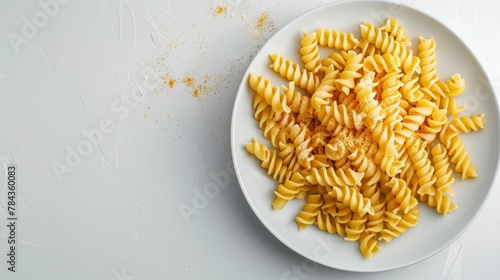 Raw fusilli pasta on white plate