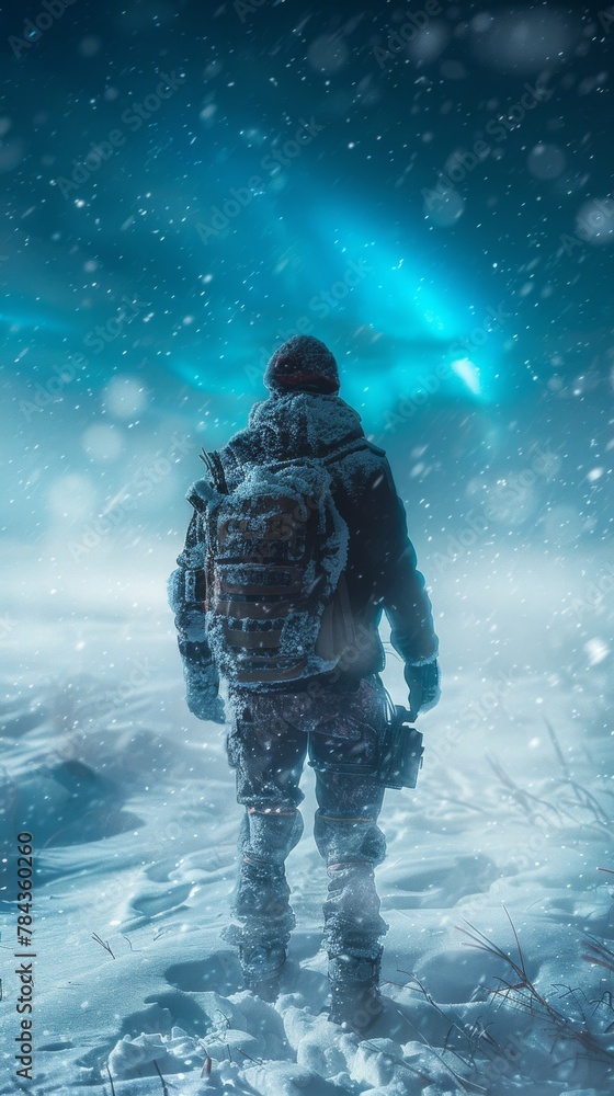 Solitary Serenade: A Man Contemplates the Mystical Aurora Borealis in the Snow