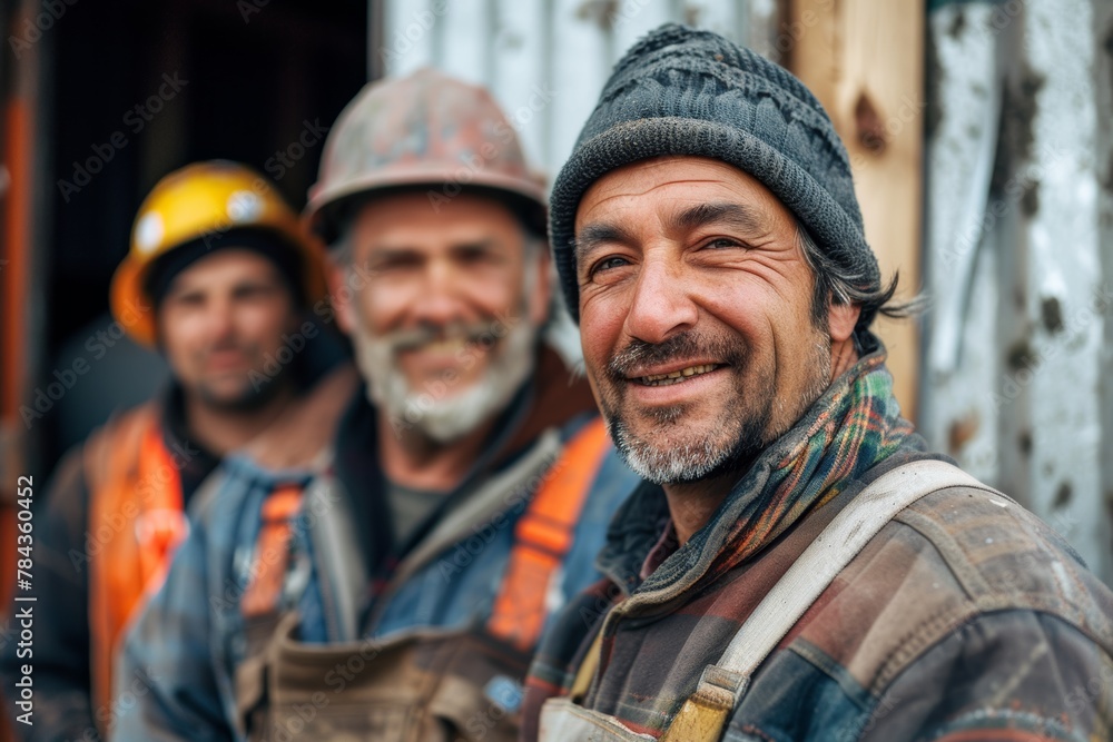 Group of smiling worker looking at the camera at the construction Group of smiling worker looking at the camera at the construction