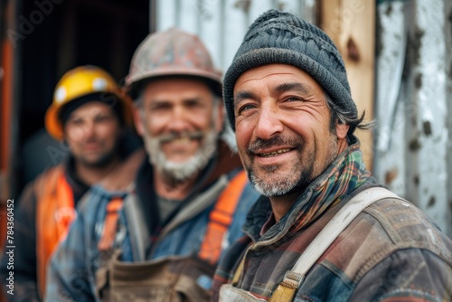 Group of smiling worker looking at the camera at the construction 