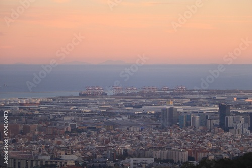 Aerial shot of the cityscape of Barcelona, Spain at sunset © Wirestock