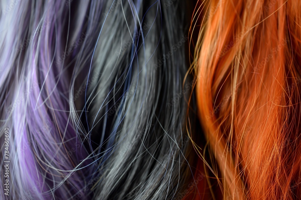Close-up of a multicolored hairdo with intertwining strands of blue, purple, and orange, perfect for highlighting the art of hair dyeing. Close-up of a multicolored hairdo with intertwining strands of blue, purple, and orange, perfect for highlighting the art of hair dyeing.