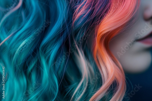 A partial portrait of a person with wavy  multicolored hair  perfect for representing creativity and self-expression.