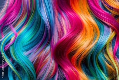 Vivid waves of turquoise, pink, and orange flow through hair in this image, ideal for beauty and fashion editorials focused on hair coloring trends.