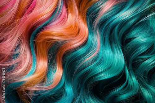 Luxuriant wavy hair flows in vibrant teal and coral hues  ideal for beauty and fashion concepts with a creative twist
