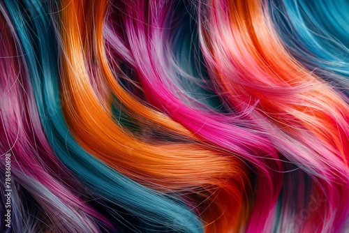 A captivating close-up of swirling strands of hair in shades of blue, pink, and orange, showcasing vibrant hair coloring techniques.