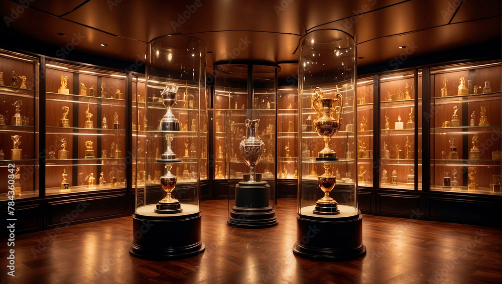 the room with a display case, glass and gold trophy cases - obrazy, fototapety, plakaty 