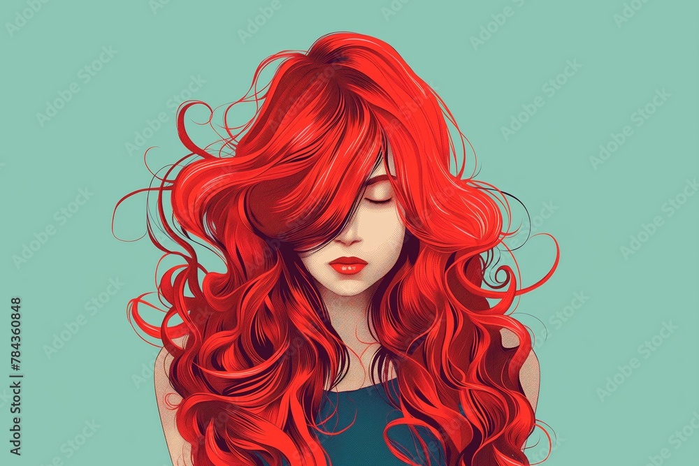 illustration depicting a woman with vibrant red curly hair on a calming turquoise background, suitable for beauty and fashion features.