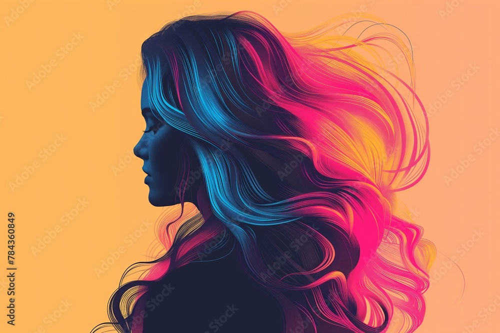 silhouette of a woman with luxuriously flowing hair in a spectrum of vibrant colors against a warm background, perfect for creative expression.