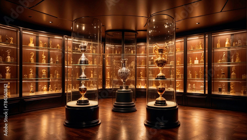 the room with a display case, glass and gold trophy cases photo