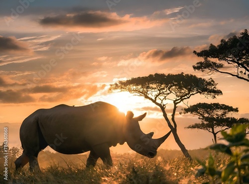 AI illustration of a rhino grazing in the wild at sunset with trees in the background