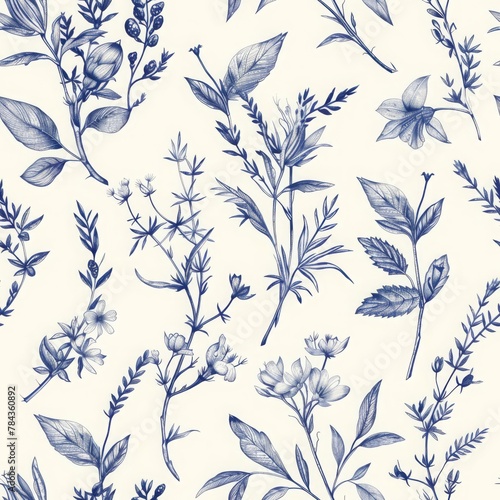 Seamless floral pattern in vintage style. Leaves and herbs in blue. Botanical illustration. Vector design elements.