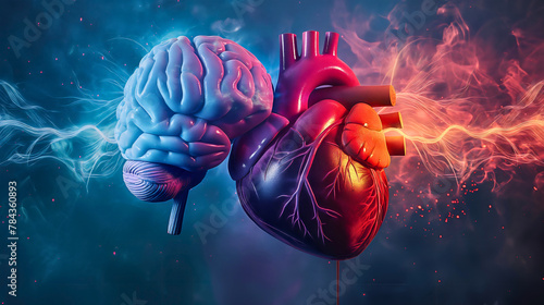 Human heart and mind or brain body organ connection psychology concept. Relationship between intelligence and love, choose between emotions and feelings and intellect reasoning. Red blue illustration