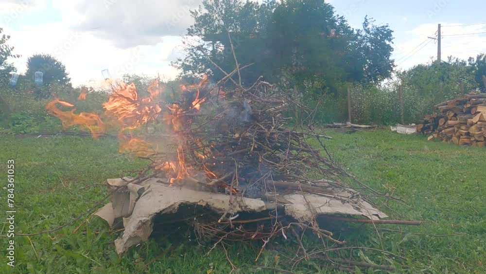 Scene of the burning thin tree branches and other things on green grass surrounded by trees Scene of the burning thin tree branches and other things on green grass surrounded by trees