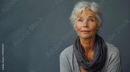 White 55 years old woman, he is speaking, talking to camera, he's sitting on a stool, studio grey bluish background, mood is serious