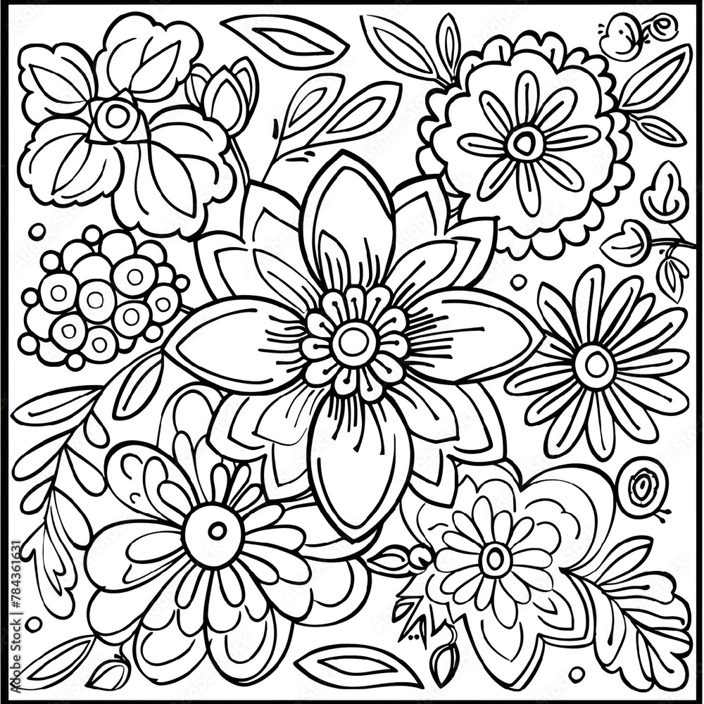 AI generated illustration of a coloring page with a variety of intricate flower designs