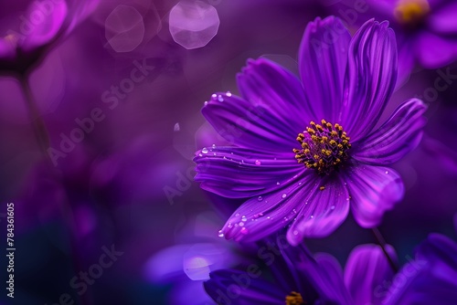 purple flowers in the rain with bokeh background and small circles