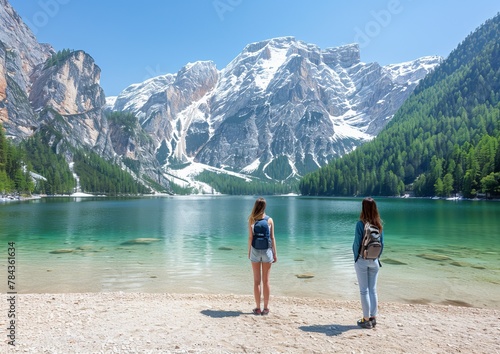 Serenity Found: Two Women Embracing Nature at Mountain Lake