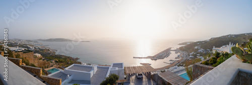 Panoramic view from above of Chora and the port on the island of Mykonos in Greece photo