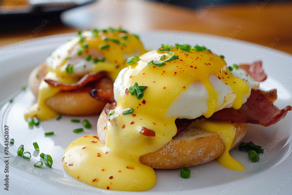 tasty eggs benedict, fried egg and ham on a toast on a plate with salad for breakfast, poached egg, floating yolk tasty eggs benedict, fried egg and ham on a toast on a plate with salad for breakfast, poached egg, floating yolk