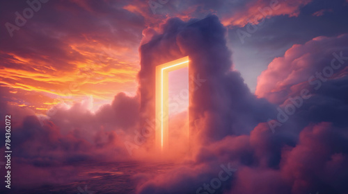 Light glowing from an open door in the clouds on the sky, dreamy illustration. Gate way opportunity for success, surreal fantasy imagination portal transition, enter heavenly mystery