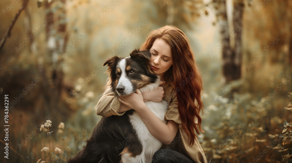 Beautiful young woman hugging and petting her Border Collie dog breed in forest nature, friendship bond between the owner and pet or animal, trust and loyalty, lady protection companion Beautiful young woman hugging and petting her Border Collie dog breed in forest nature, friendship bond between the owner and pet or animal, trust and loyalty, lady protection companion