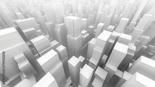 Abstract schematic white 3d cityscape, top view with perspective effect