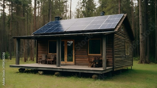 an outdoor cabin with wood siding and lots of solar panels
